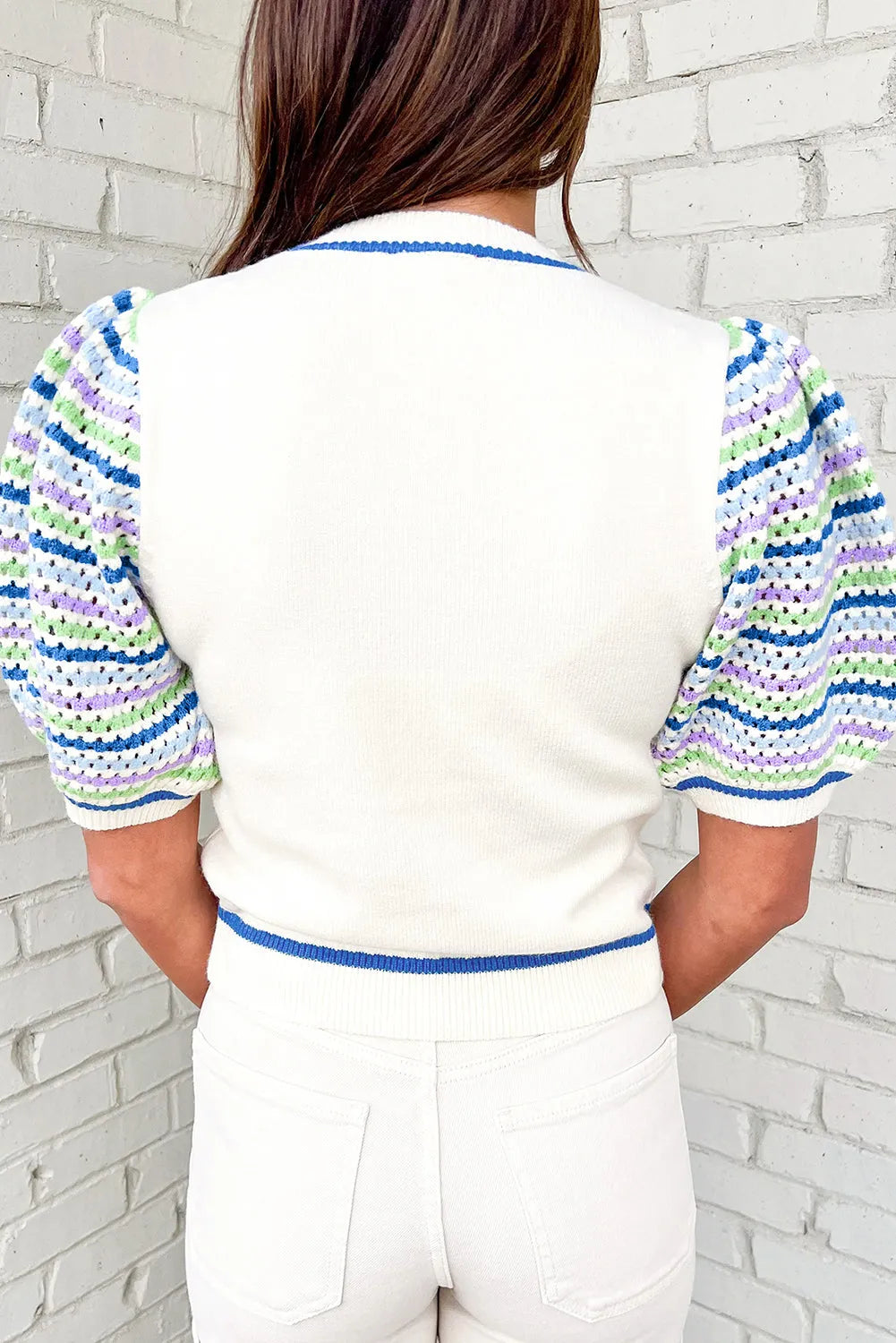 White Crochet Striped Bubble Sleeve Knit Sweater - Chic Meadow Boutique 