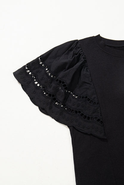 Black Hollow Out Embroidered Short Sleeve O Neck Top