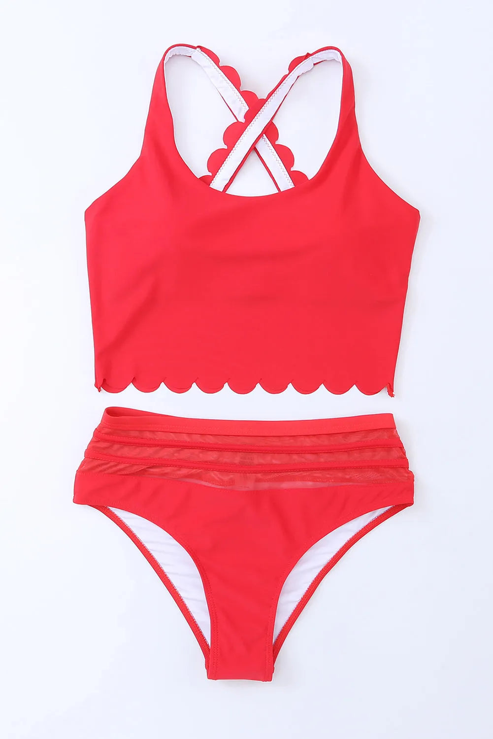 Fiery Red Scalloped Criss Cross High Waist Bikini - Chic Meadow Boutique 