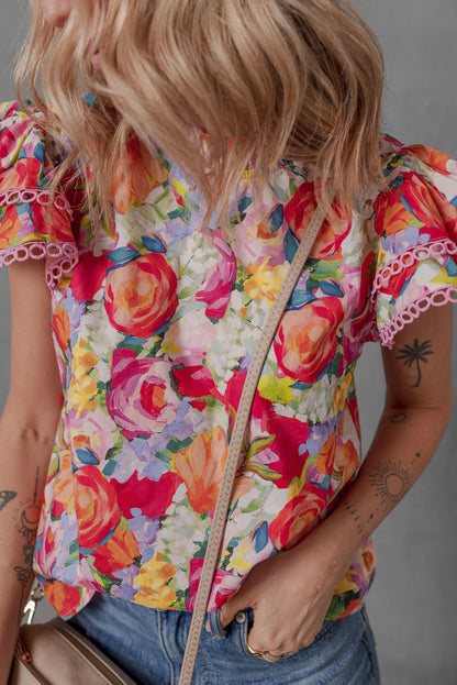 Multicolour Lace Trim Ruffle Short Sleeve Floral Blouse