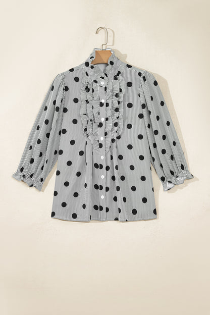 Black white Polka Dot Striped Print Ruffle Stand Neck 3/4 Sleeve Shift Shirt