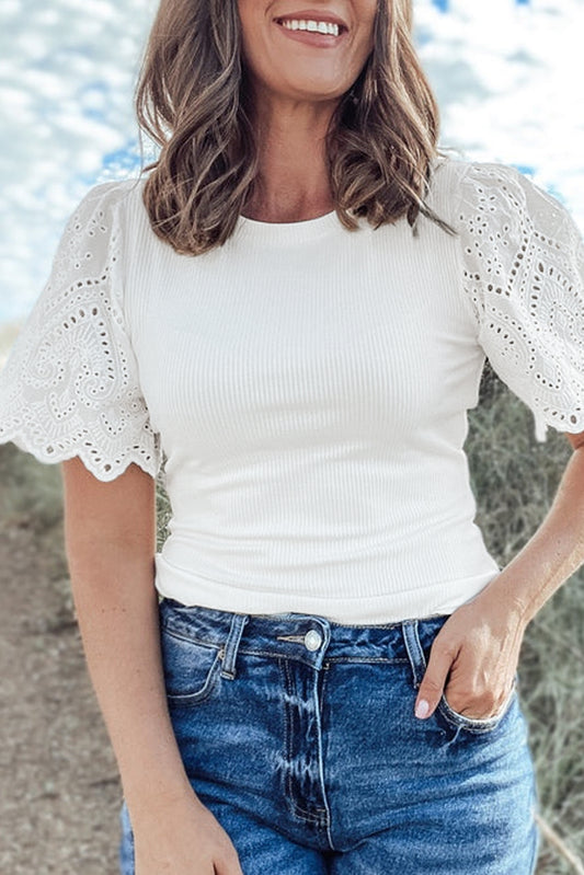 White Eyelet Pattern Short Sleeve Patchwork Ribbed Top