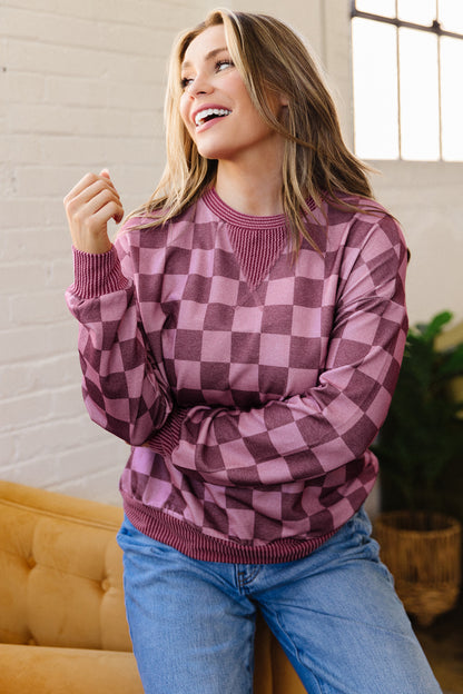 Red Ribbed Trim Checkered Print Long Sleeve Pullover Top