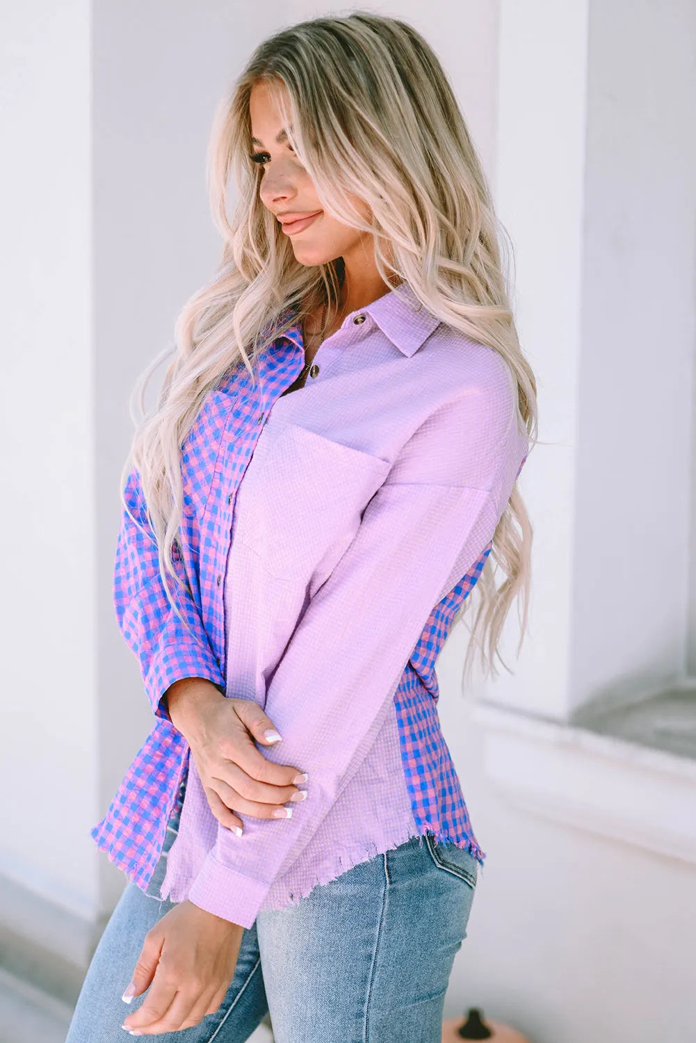 Purple Mixed Plaid Button Down Long Sleeve Chest Pocket Shirt - Chic Meadow Boutique 