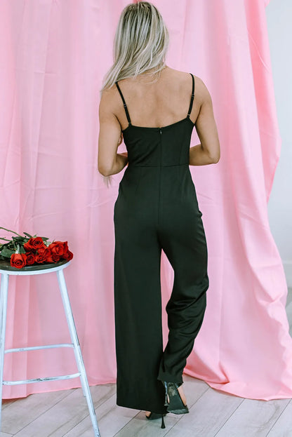 Black Lace V Neck Bodice Spaghetti Straps Wide Leg Jumpsuit - Chic Meadow Boutique 