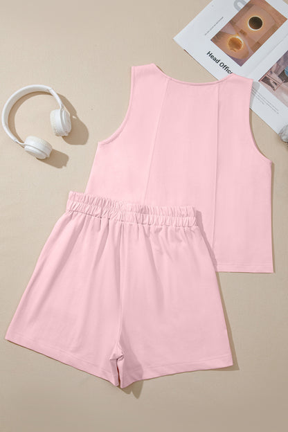 Pink Stitched Detail Loose Tank Top Cotton 2pcs Short Set