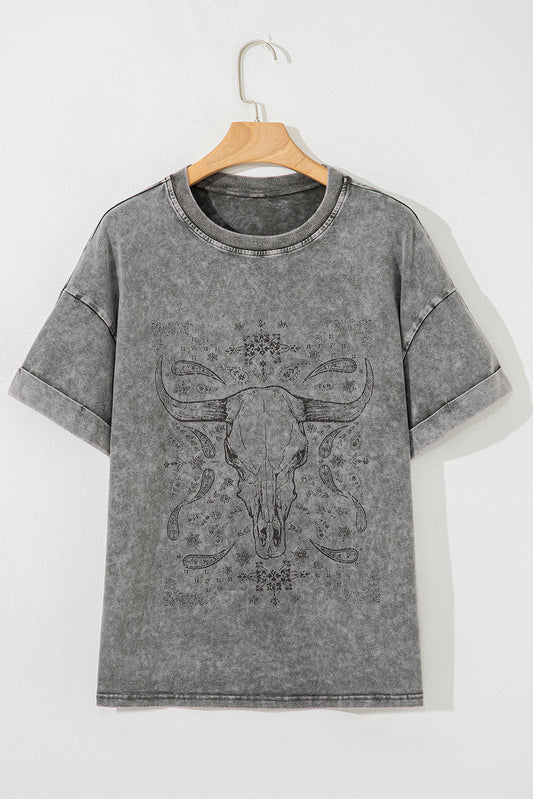 Light Grey Western Steer Head Tie Dye Print Crew Neck T Shirt