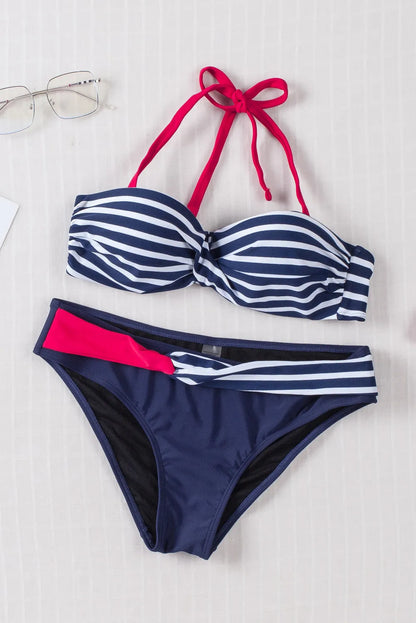 Blue Halter Bandeau Striped Bikini - Chic Meadow Boutique 