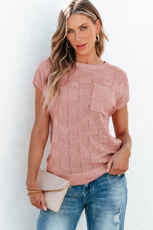 Dusty Pink Lattice Textured Knit Short Sleeve Sweater - Chic Meadow Boutique 