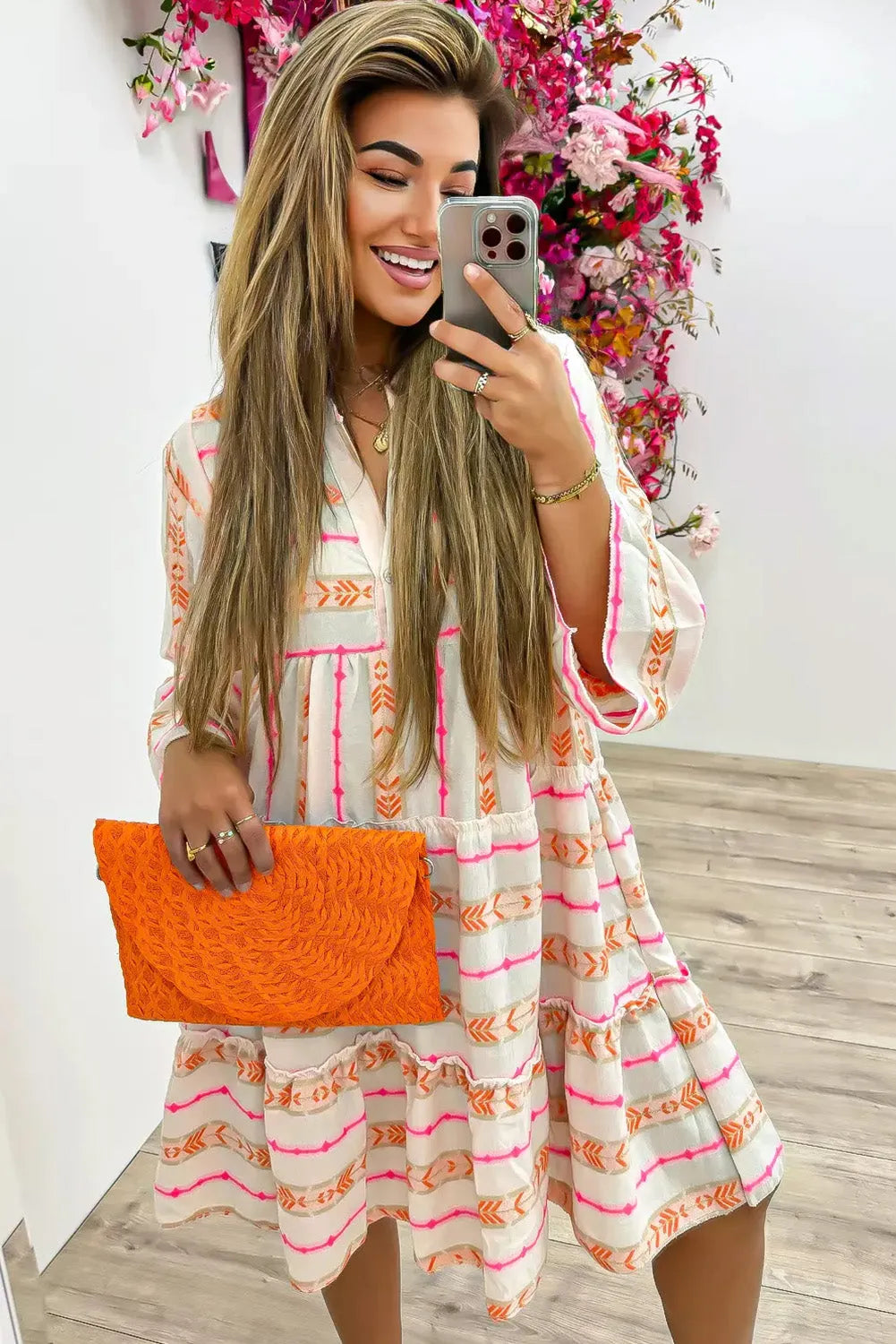 Orange Bohemian Printed Bracelet Sleeve Slit Neck Ruffled Loose Dress - Chic Meadow Boutique 