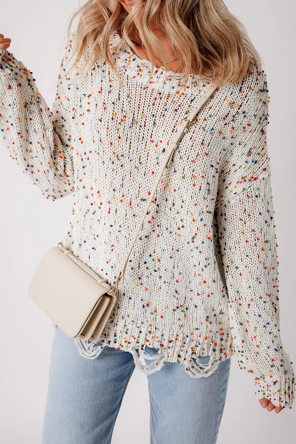 White Colorful Confetti Distressed Knit Sweater - Chic Meadow Boutique 