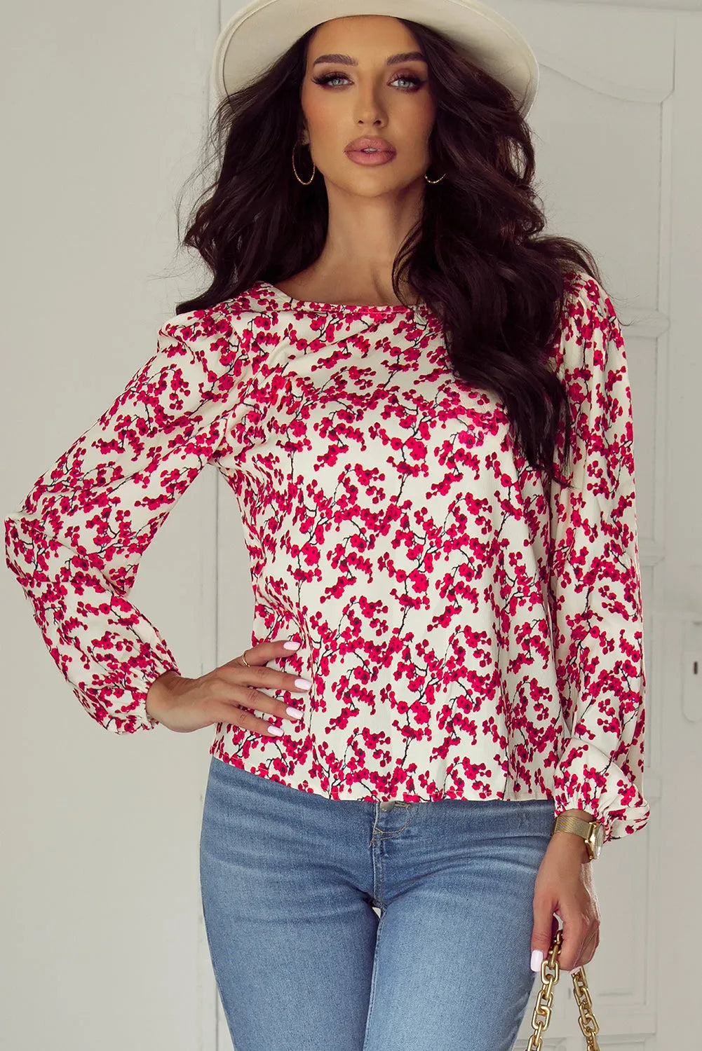 Red Floral Print Long Sleeve Open Back Blouse - Chic Meadow Boutique 