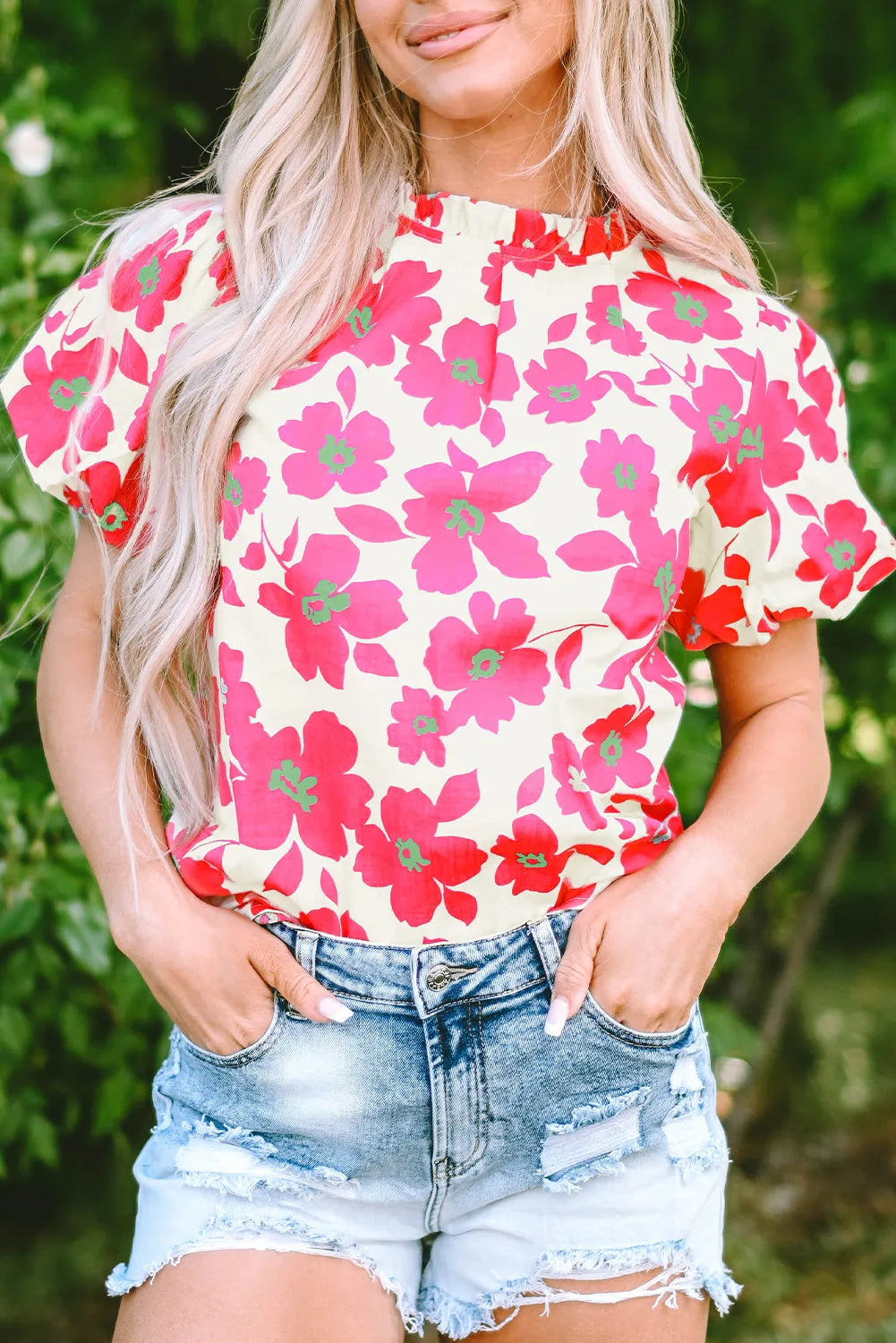 Beige Floral Puff Sleeve Frilled Neckline Blouse - Chic Meadow Boutique 