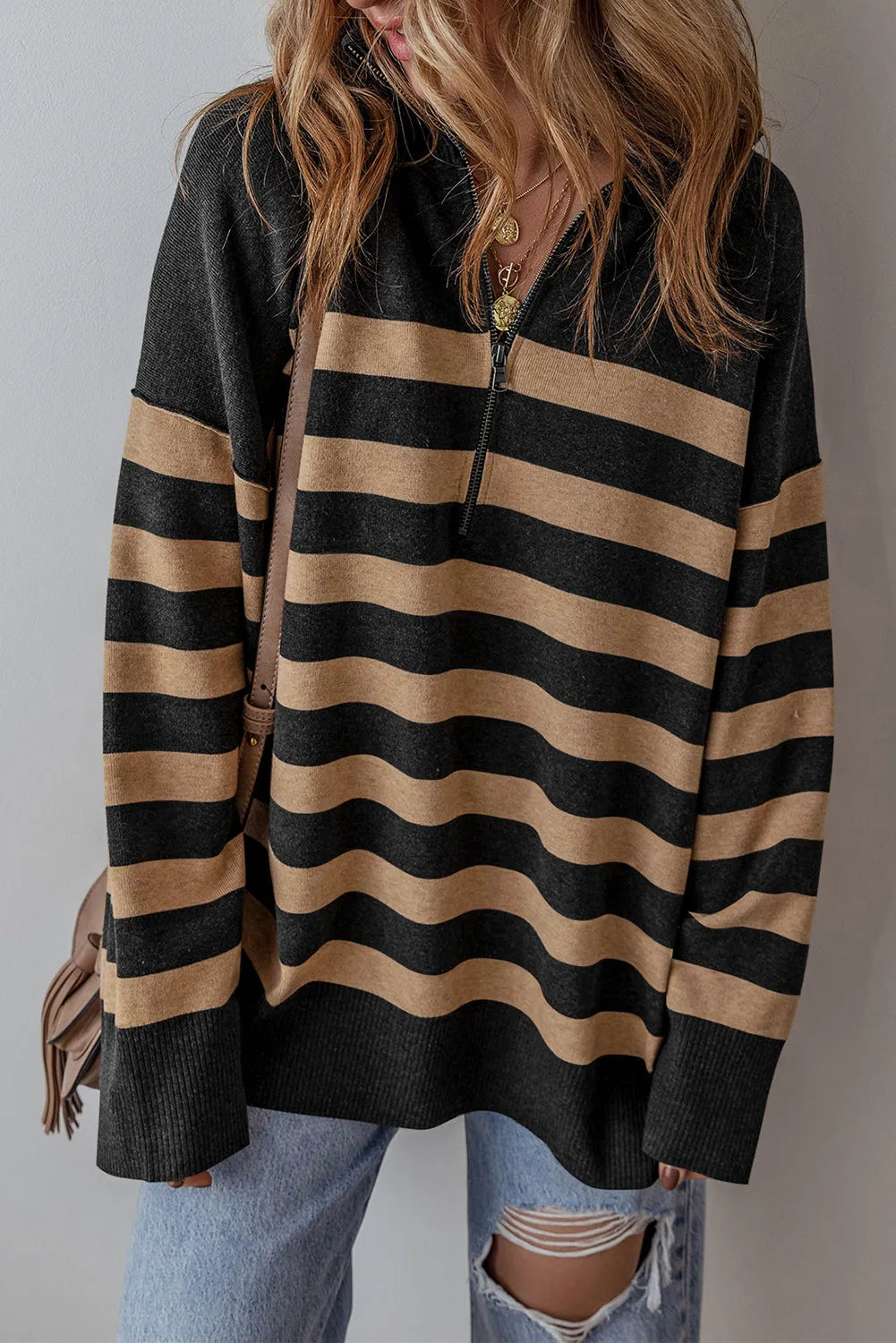 Black Stripe Collared Quarter Zipper Oversized Sweater - Chic Meadow Boutique 