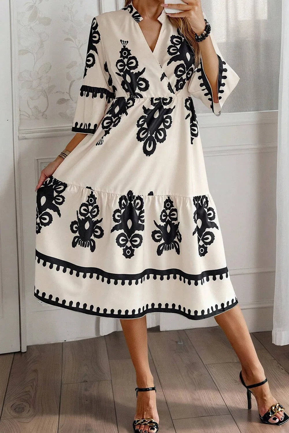 Beige Western Geometric Print 3/4 Sleeve Loose Midi Dress - Chic Meadow Boutique 