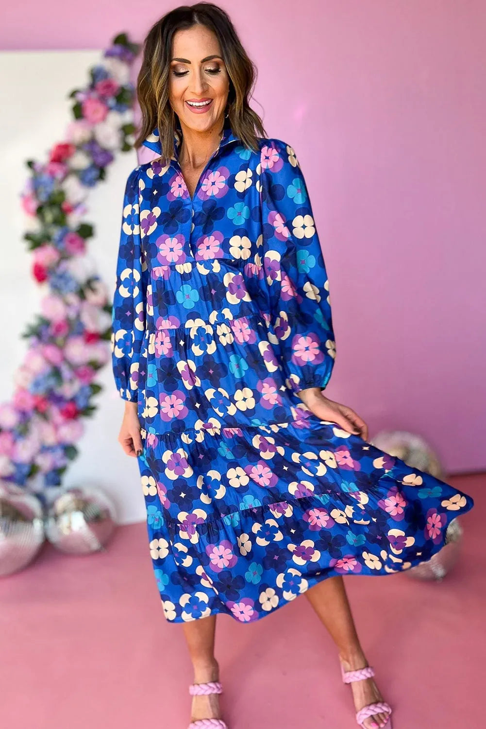 Blue Floral Peasant Sleeve Tiered Ruffle Midi Dress - Chic Meadow Boutique 