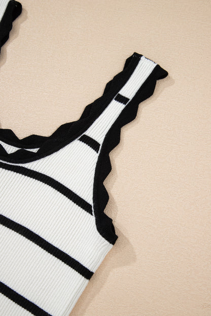 Black Striped Scalloped Edge U Neck Sleeveless Sweater Vest