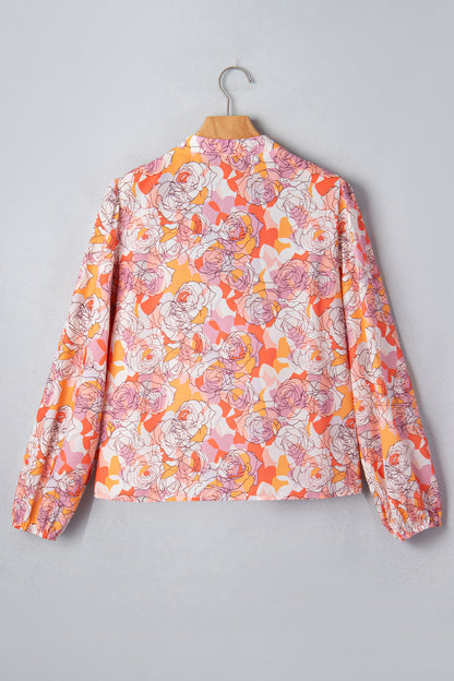 Pink Floral Print V Neck Long Sleeve Shift Blouse