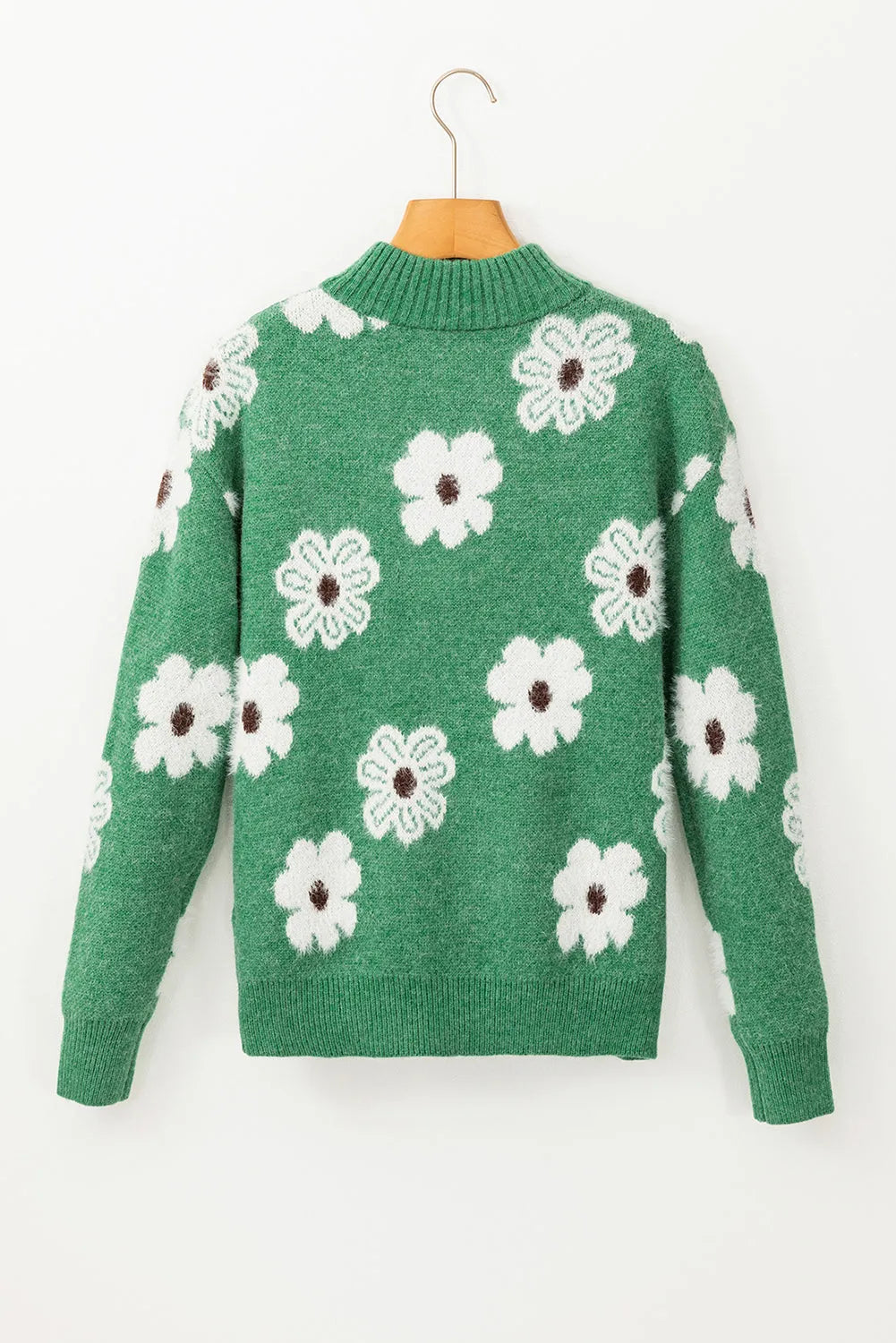 Green Floral Pattern Half Zip Drop Shoulder Sweater - Chic Meadow Boutique 