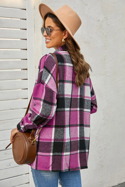 Rose Plaid Print Buttoned Shirt Jacket - Chic Meadow Boutique 