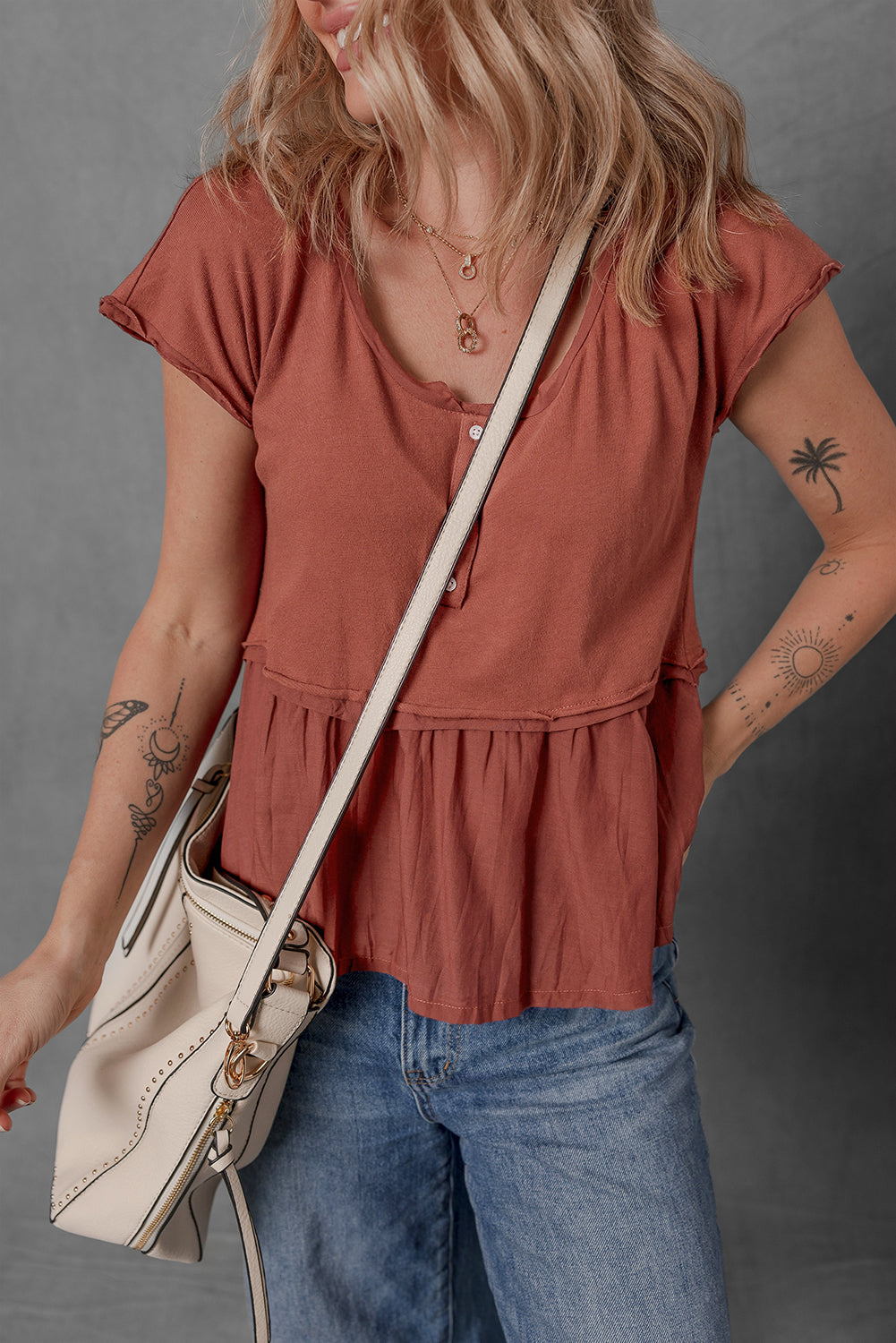 Chestnut Short Sleeve U Neck Buttons Splicing Ruffle Blouse