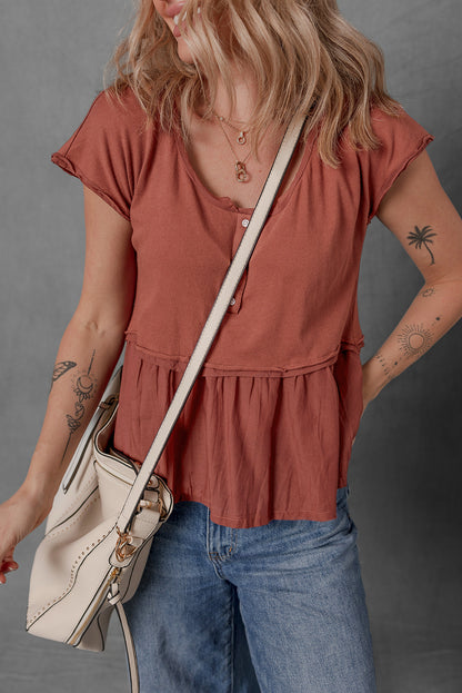 Chestnut Short Sleeve U Neck Buttons Splicing Ruffle Blouse