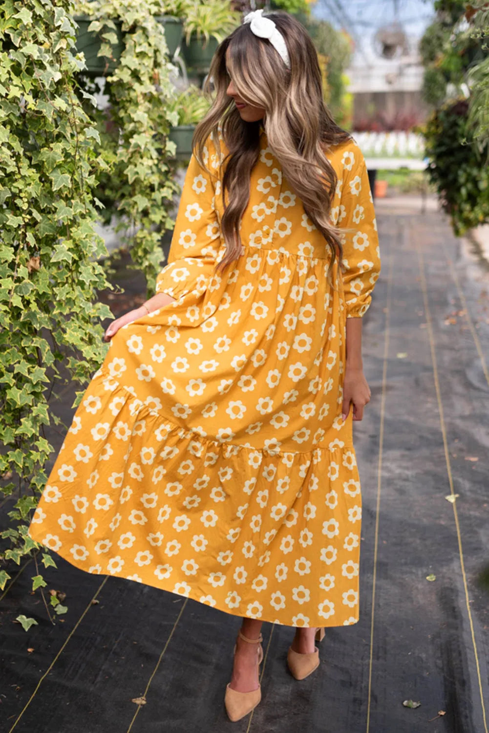 Yellow Flower Print Bracelet Sleeve Buttons Collared Maxi Dress - Chic Meadow Boutique 