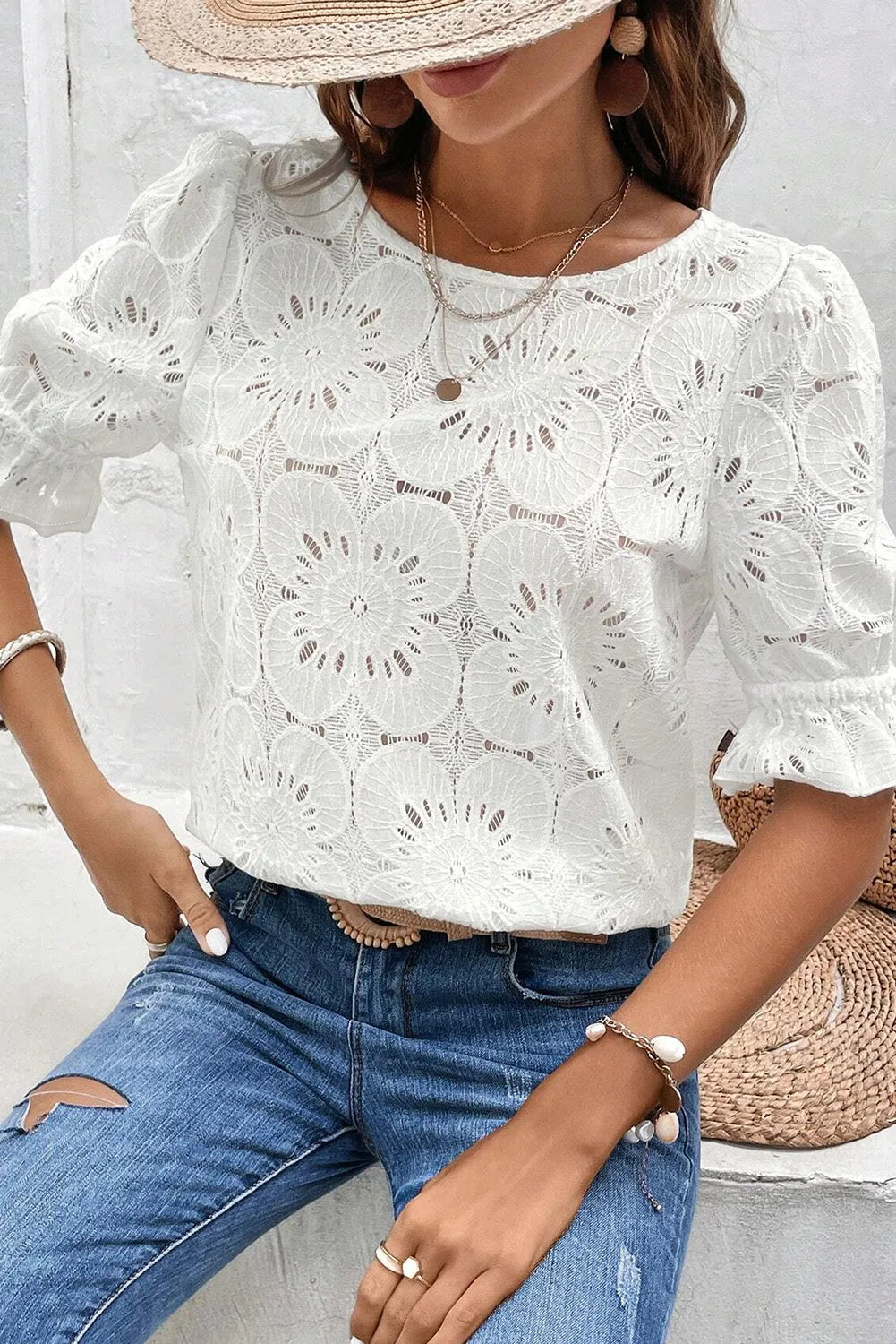 White Flower Eyelet Jacquard Keyhole Flounce Sleeve Top - Chic Meadow Boutique 