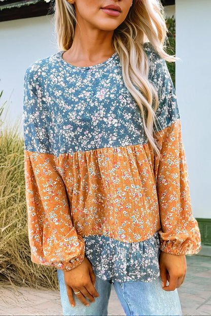 Orange Floral Color Block Ruffled Hem Round Neck Blouse - Chic Meadow Boutique 