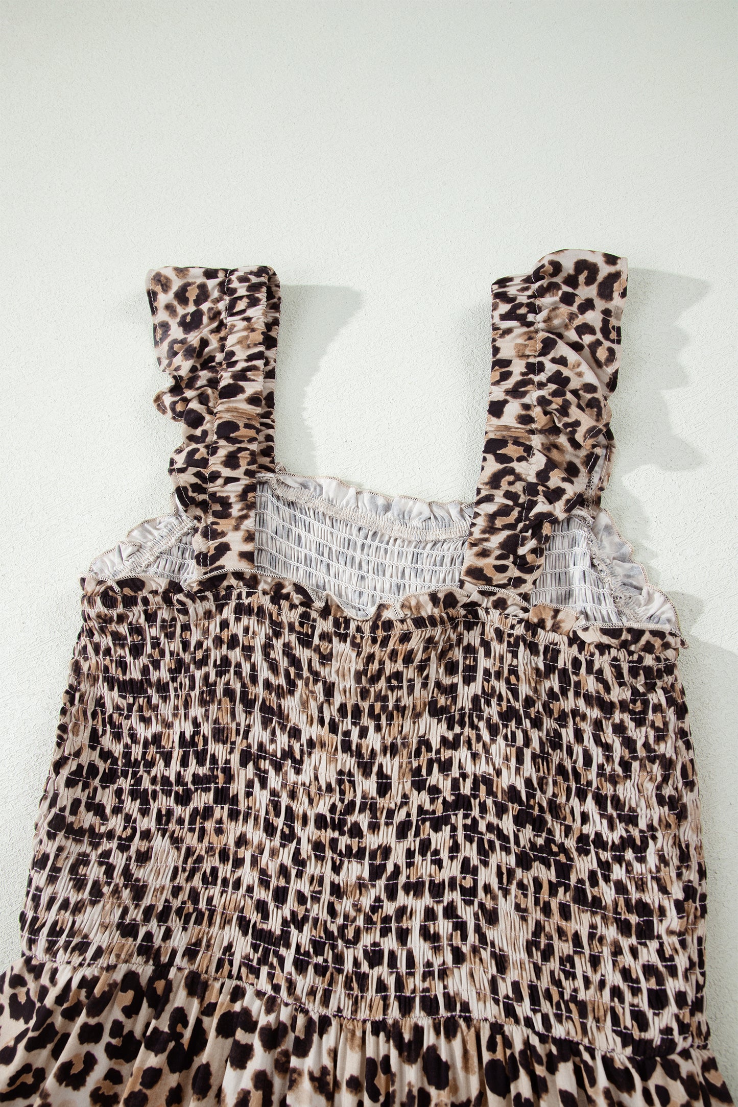 Brown Ruffled Straps Smocked Tiered Leopard Maxi Dress
