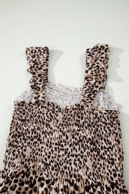 Brown Ruffled Straps Smocked Tiered Leopard Maxi Dress
