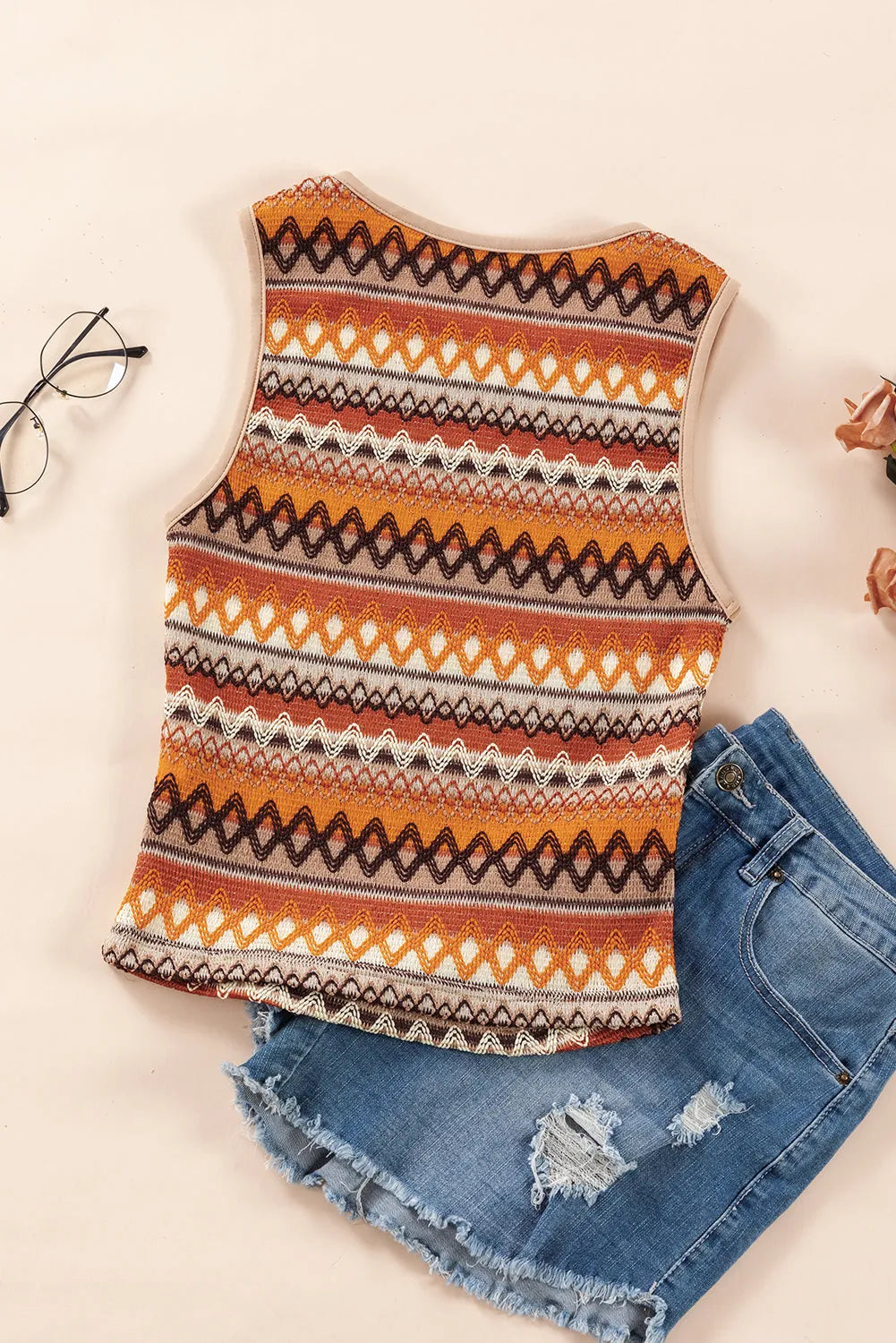 Orange Striped & Geo Jacquard Knit Tank Top - Chic Meadow Boutique 