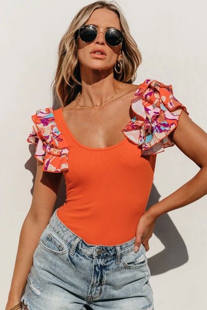 Orange Ribbed Knit Tiered Ruffled Sleeve Bodysuit - Chic Meadow Boutique 