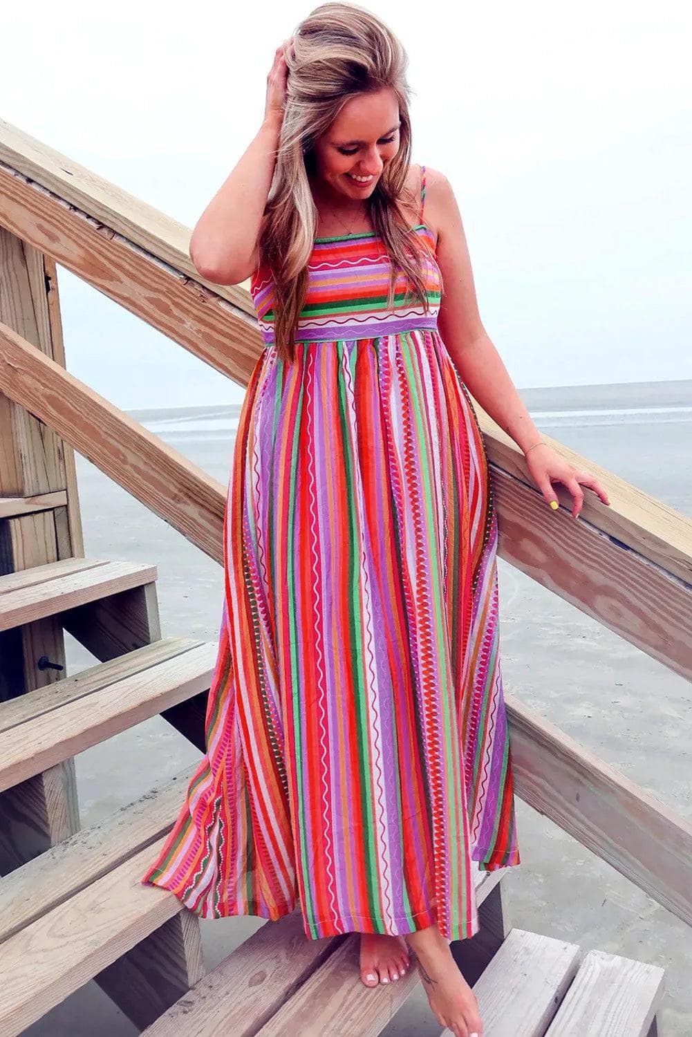 Dresses/Maxi Dresses Multicolour Striped Thin Straps Smocked Back Boho Maxi Dress