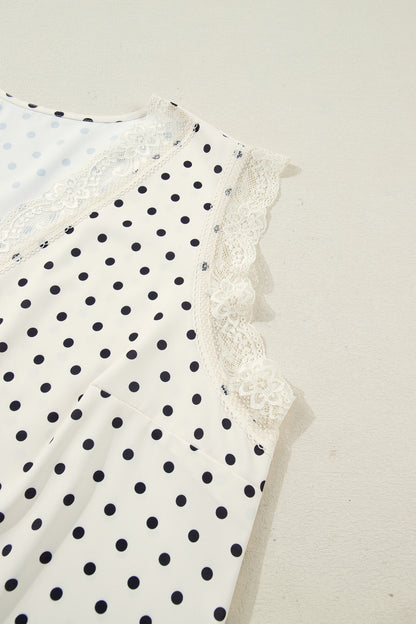 Apricot Plus Size Polka Dot Print Lace Trim V Neck Sleeveless Top