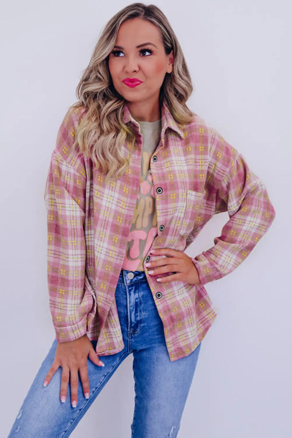 Pink Plaid Print Chest Pocket Long Sleeve Shacket - Chic Meadow Boutique 