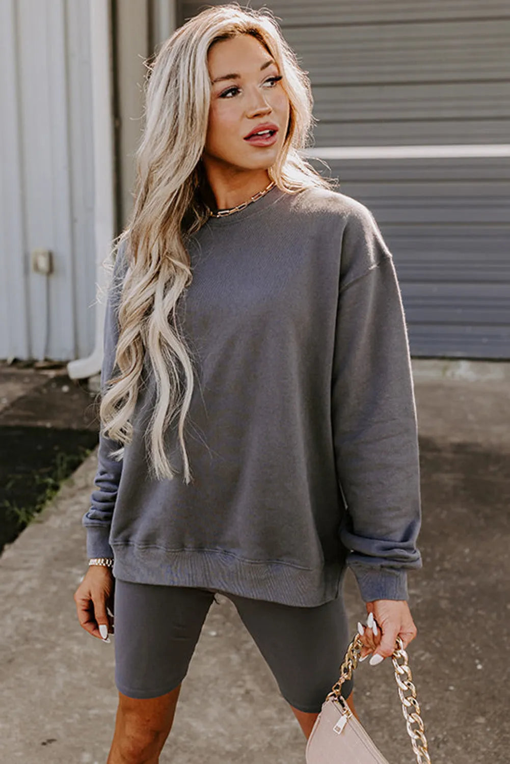 Dark Grey Solid Color Pullover and Skinny Shorts Two Piece Set - Chic Meadow Boutique 