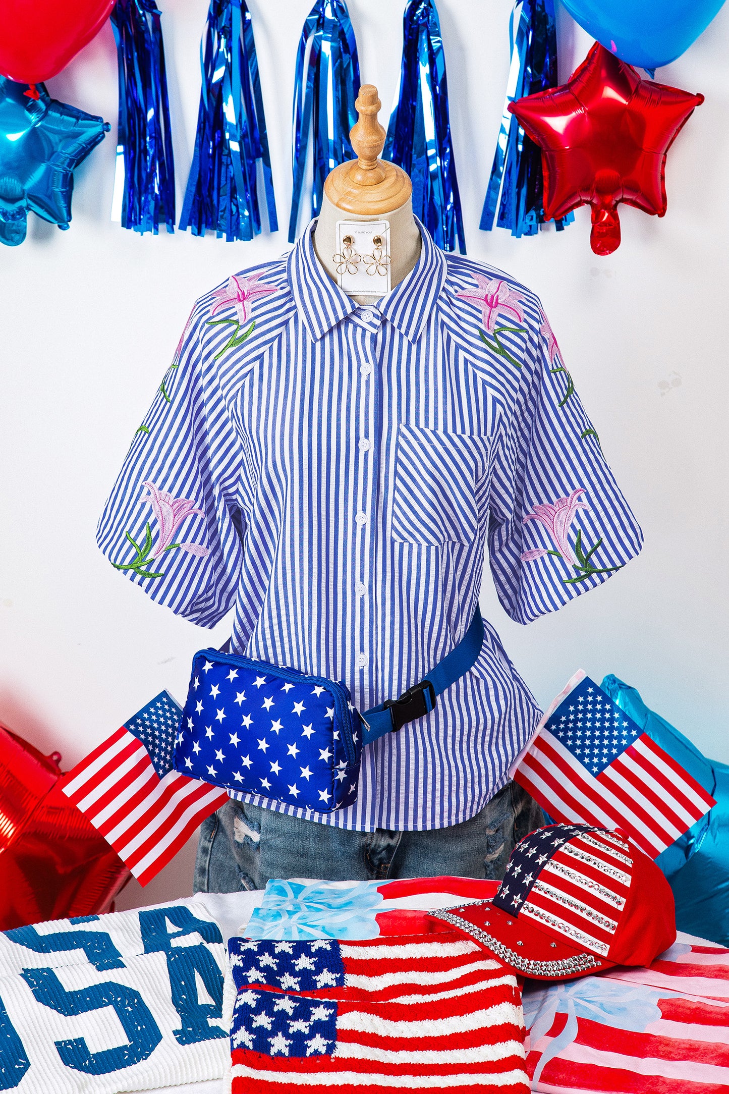 Sky Blue Stripe Lily Floral Embroidered Puff Sleeve Button Down Shirt