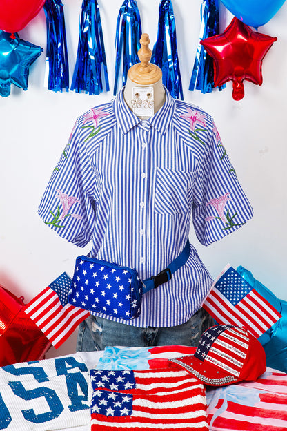 Sky Blue Stripe Lily Floral Embroidered Puff Sleeve Button Down Shirt