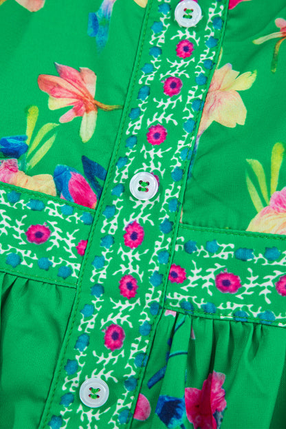 Green Floral Print Contrast Trim Knotted Straps Midi Dress