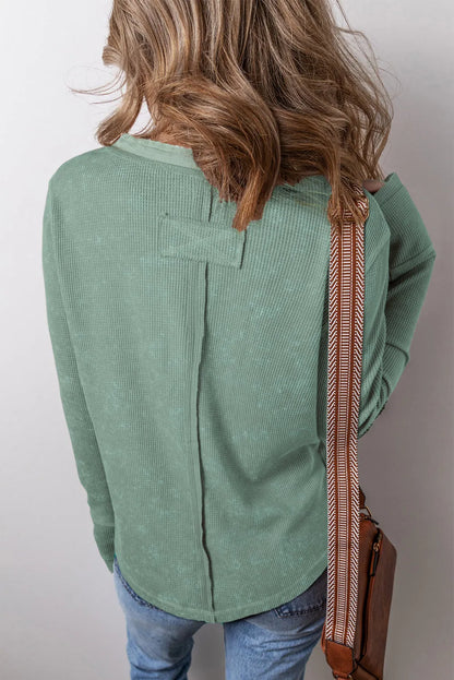 Smoke Green Acid Wash Waffle Knit Buttoned Neckline Long Sleeve Top - Chic Meadow Boutique 