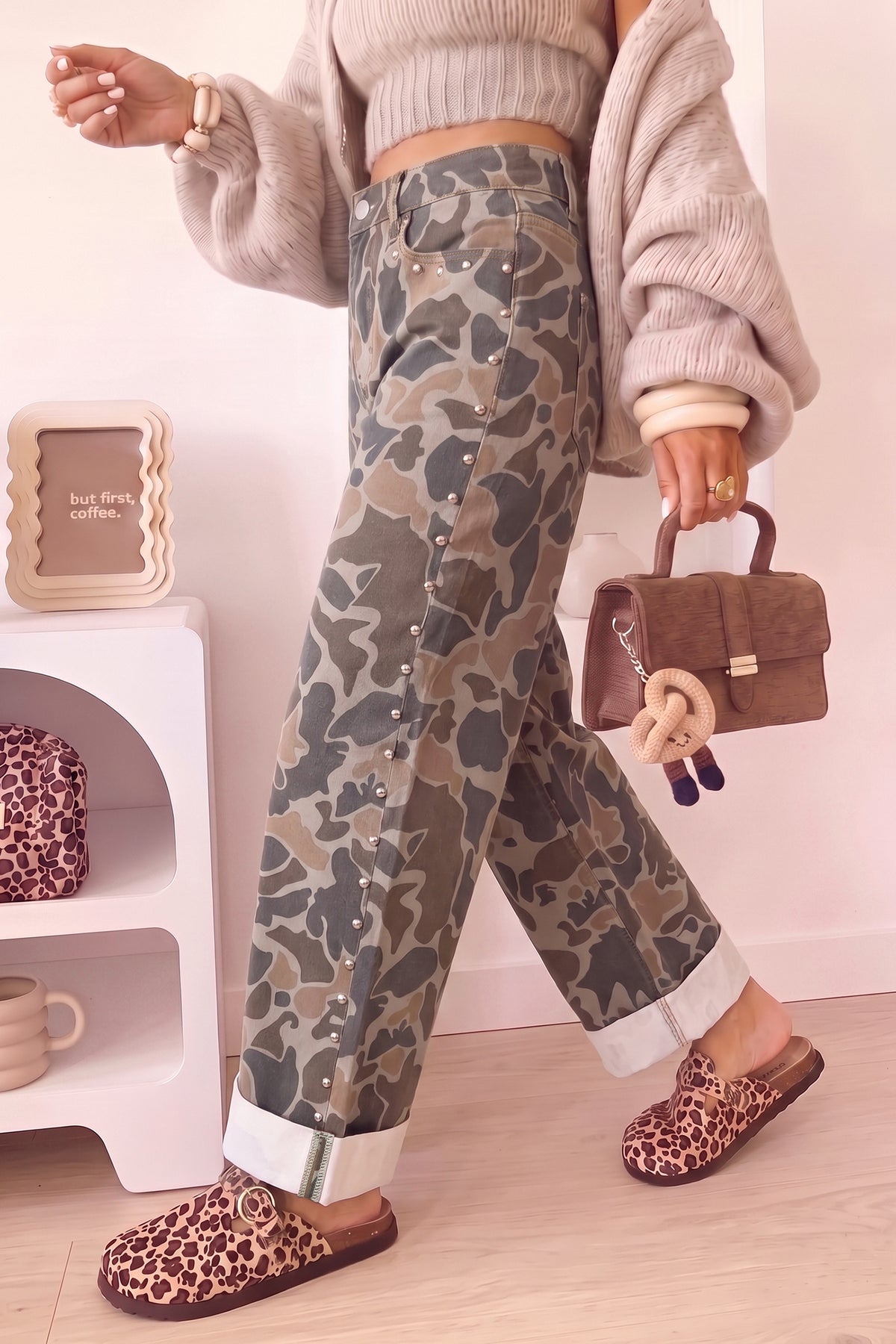 Multicolour Camouflage Studded Straight Loose Jeans