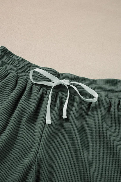 Two Piece Sets/Short Sets Mist Green Waffle Knit Patched Pocket Tank and Drawstring Shorts Set