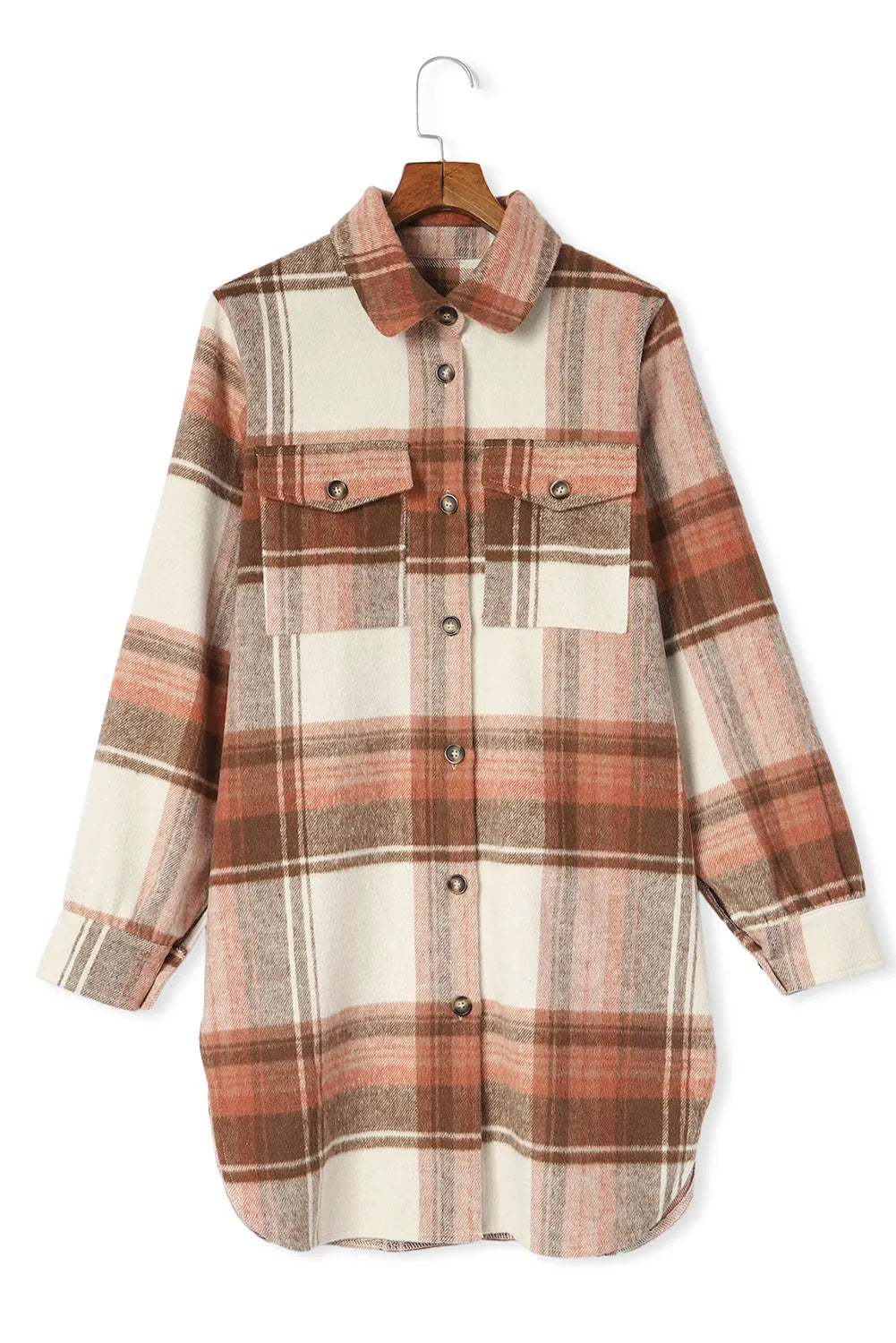 Brown Plaid Print Flap Pockets Long Shacket - Chic Meadow Boutique 