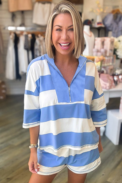Sky Blue Stripe Seam Detail Half Zip Oversize Tee Casual Shorts 2pcs Set