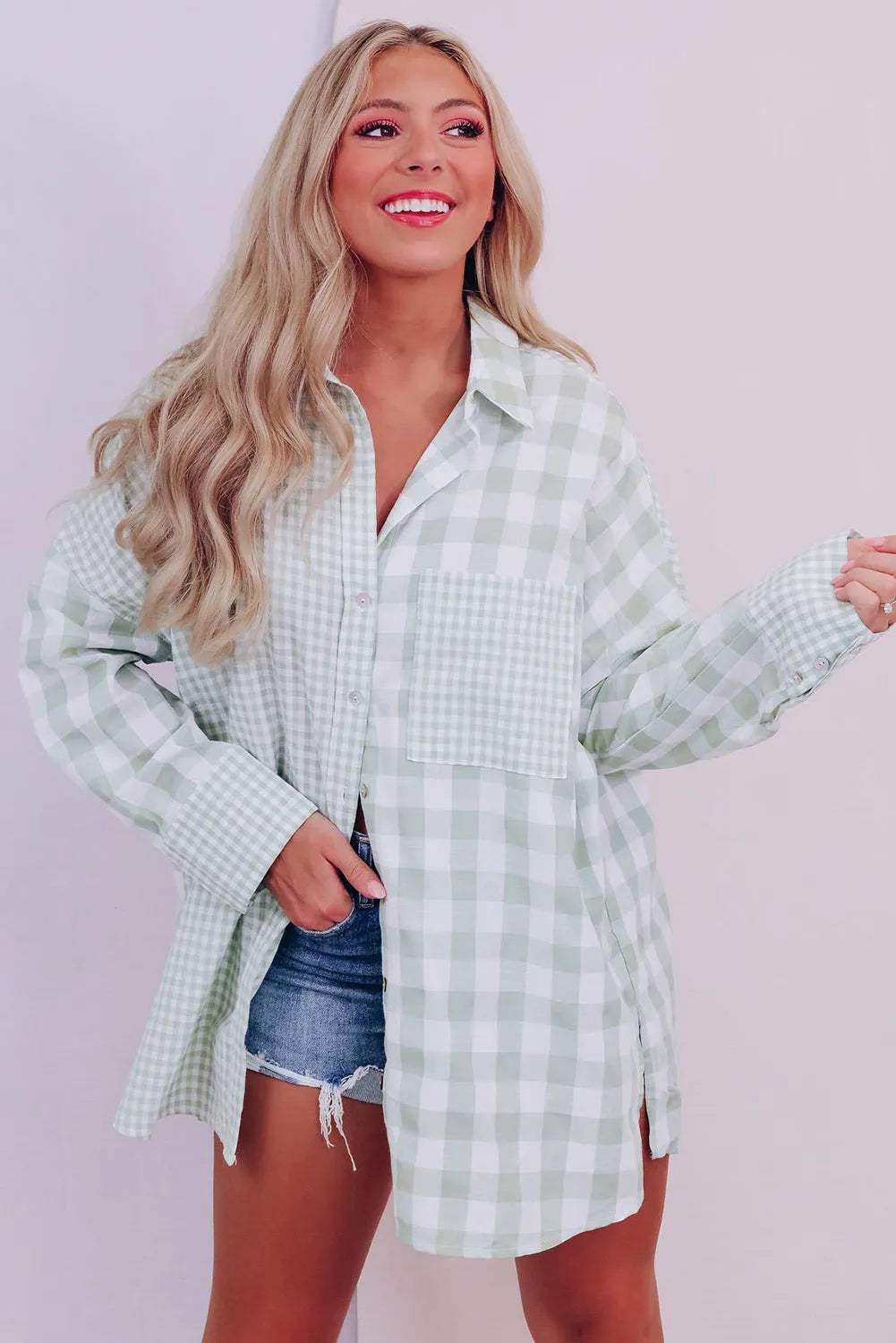 Tops/Blouses & Shirts Green Mix Checked Patchwork Long Sleeve Shirt