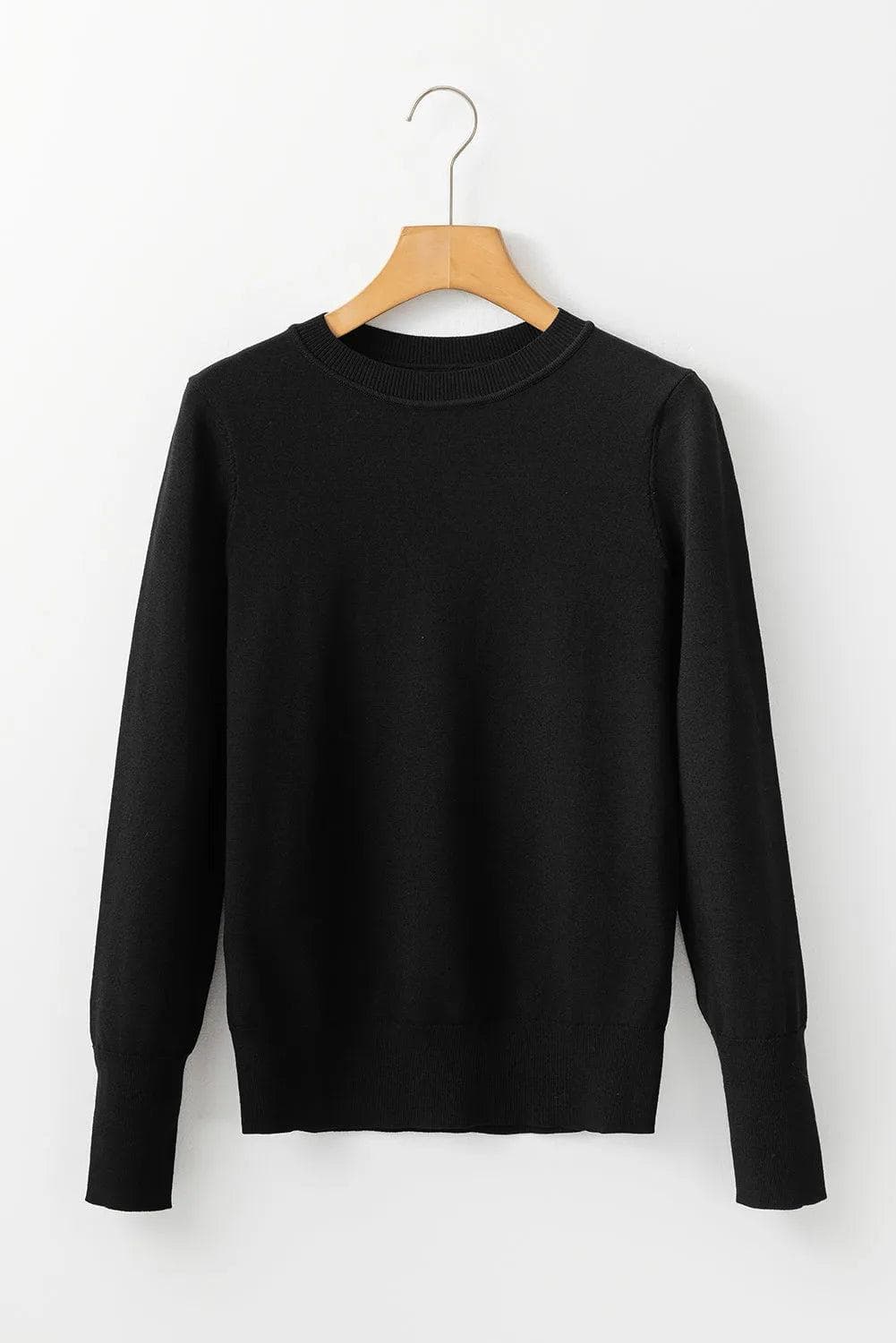 Sweaters & Cardigans/Sweaters Black Solid Color Slim Fit Lightweight Crew Neck Sweater