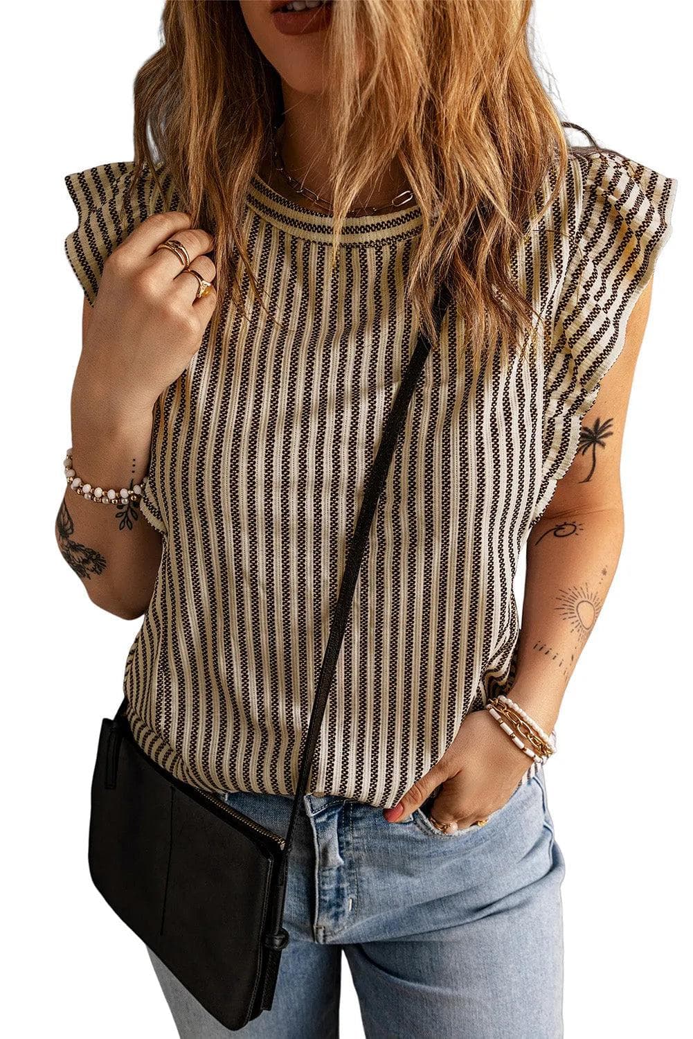 Tops/Tank Tops Khaki Striped Crew Neck Ruffled Tank Top