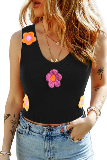 Black 3D Flower Decor Cropped Sweater Vest - Chic Meadow Boutique 