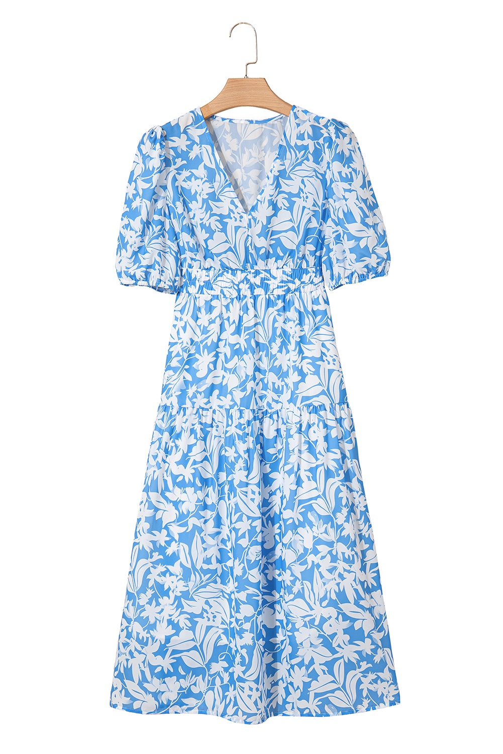 Sky Blue Floral V Neck Puff Short Sleeve Flowy Long Dress
